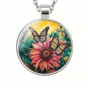 Silver BUTTERFLY Glass Cabochon Pendant Necklace